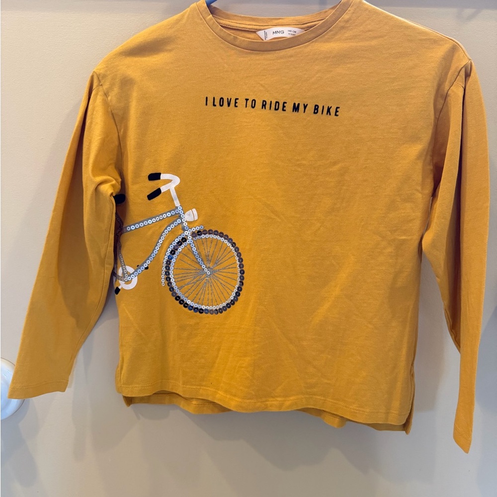 Kids size 10 Mango Kids Long-Sleeve Bike Graphic Tee - Mustard w sequined bike